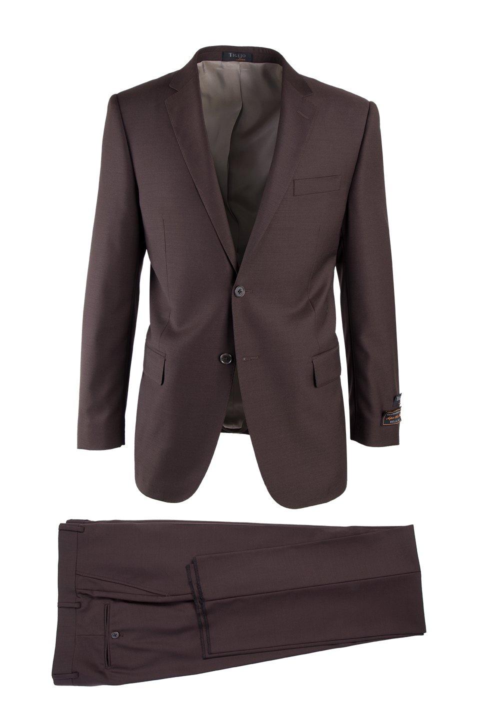 Tiglio Italian Suit - Real Wool Fabric Super 150's Novello Brown, Modern Fit Suit in Color Brown
