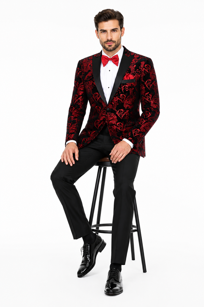 Unique Prom Suits - Interesting Fun - Men's Modern Fit Velvet Floral Paisley Foil Red and Black Tuxedo Jacket