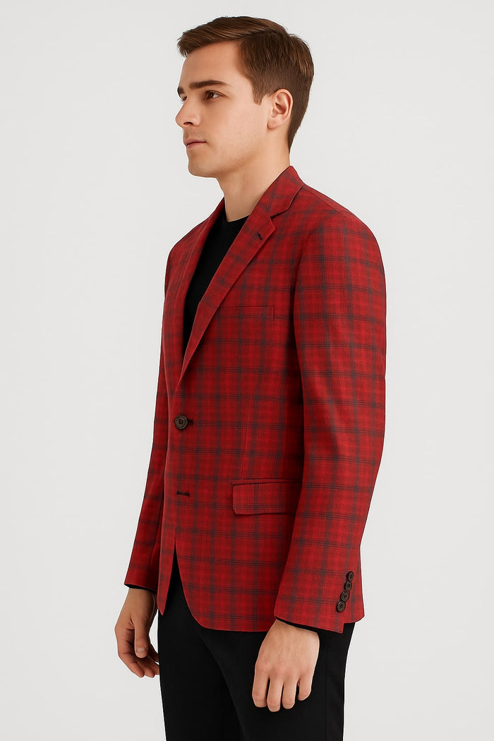 Modern Red Plaid Blazer - Tartan Windowpane Pattern Christmas Party Color by USA Men's Outlet