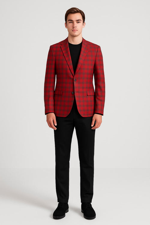 Modern Red Plaid Blazer – Tartan Windowpane Pattern Christmas Party Color