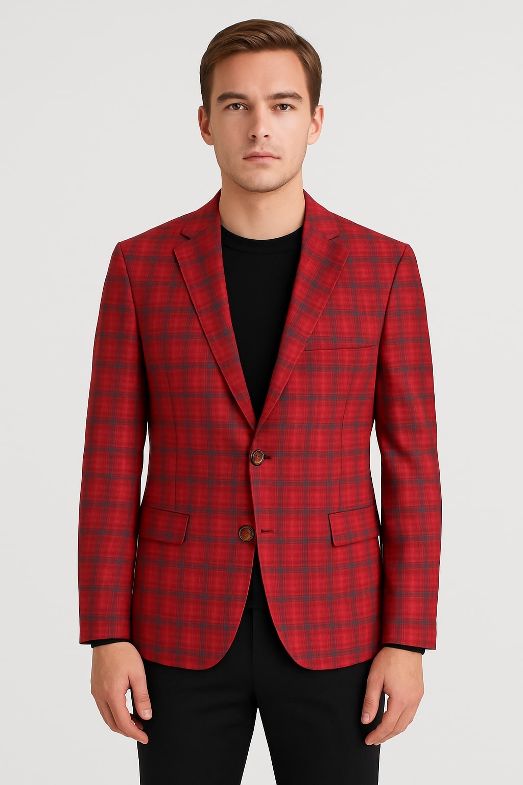 Modern Red Plaid Blazer – Tartan Windowpane Pattern Christmas Party Color