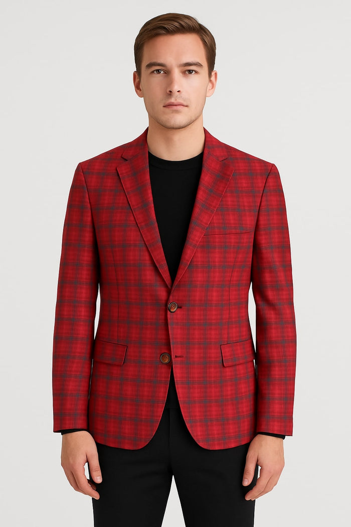 Modern Red Plaid Blazer - Tartan Windowpane Pattern Christmas Party Color by USA Men's Outlet