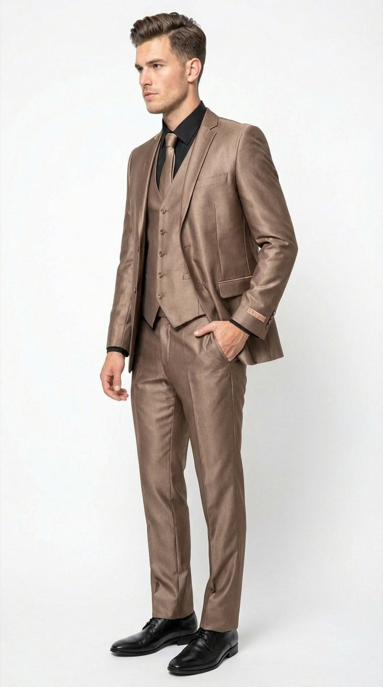 Men’s Bronze Brown Mocco 3 Piece Suit – Modern Formal Suit Set for Wedding, Prom and Business Events Light Brown Coffee Dark Tan