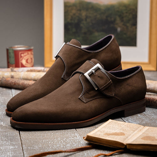 Zelli Hebilla Italian Suede Monk Strap Dress Shoe in Dark Brown