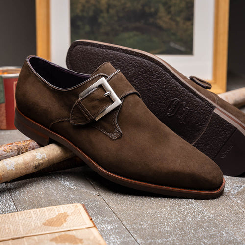Zelli Hebilla Italian Suede Monk Strap Dress Shoe in Dark Brown