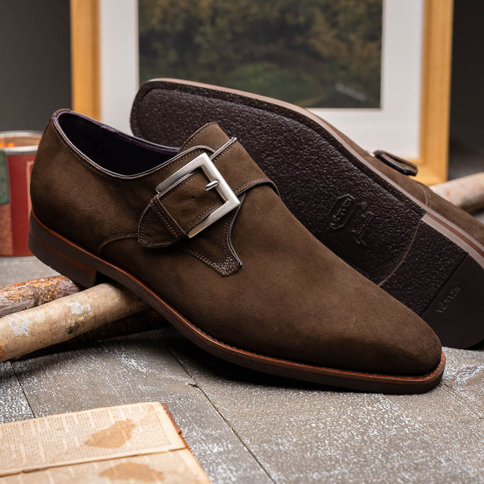 Zelli Hebilla Italian Suede Monk Strap Dress Shoe in Dark Brown