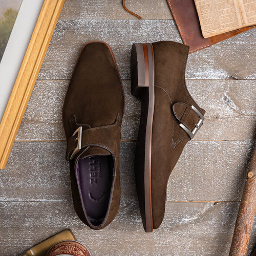 Zelli Hebilla Italian Suede Monk Strap Dress Shoe in Dark Brown