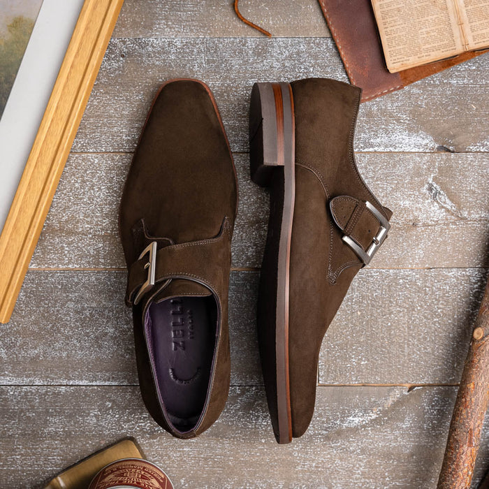Zelli Hebilla Italian Suede Monk Strap Dress Shoe in Dark Brown