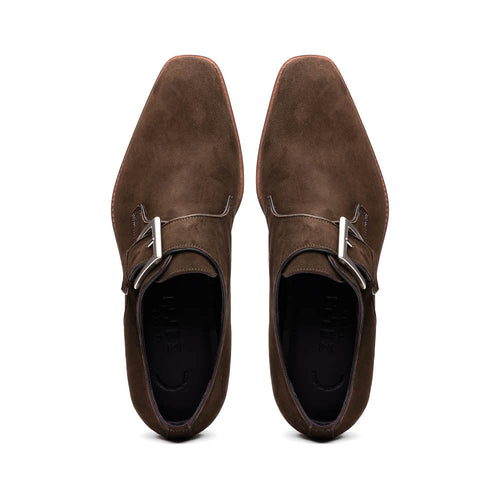 Zelli Hebilla Italian Suede Monk Strap Dress Shoe in Dark Brown