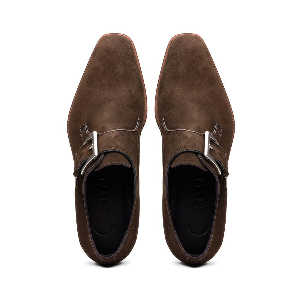 Zelli Hebilla Italian Suede Monk Strap Dress Shoe in Dark Brown