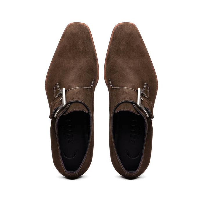 Zelli Hebilla Italian Suede Monk Strap Dress Shoe in Dark Brown
