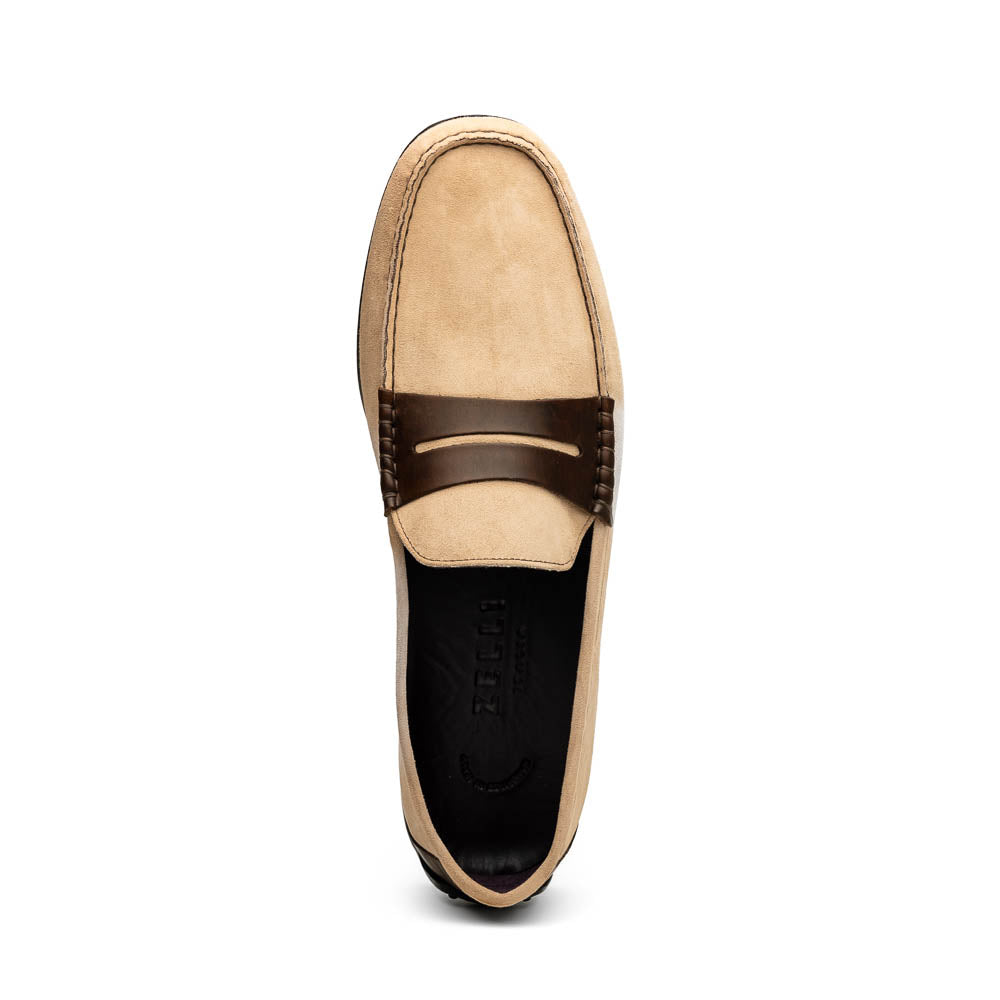 Zelli Monza Suede & Calfskin Driving Loafers in Bone / Chestnut