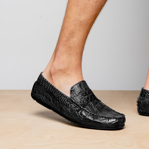 Zelli Monza Caiman Crocodile Penny Loafer Driving Shoes in Black