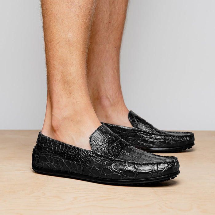 Zelli Monza Caiman Crocodile Penny Loafer Driving Shoes in Black