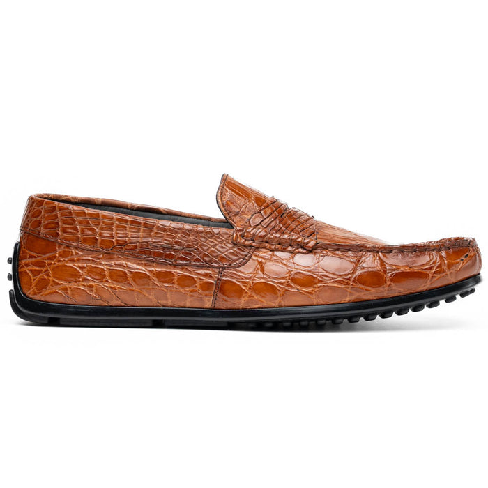 Zelli Monza Genuine Caiman Crocodile Driving Loafers in Cognac