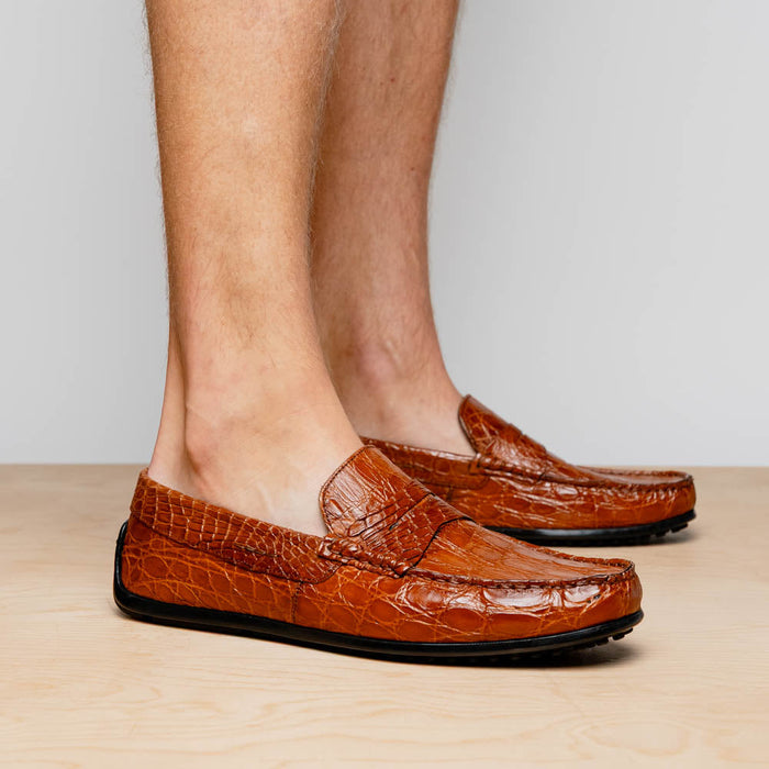 Zelli Monza Genuine Caiman Crocodile Driving Loafers in Cognac