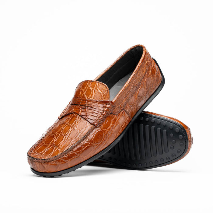 Zelli Monza Genuine Caiman Crocodile Driving Loafers in Cognac