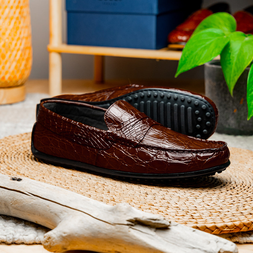 Zelli Monza Genuine Caiman Crocodile Driving Loafers in Nicotine