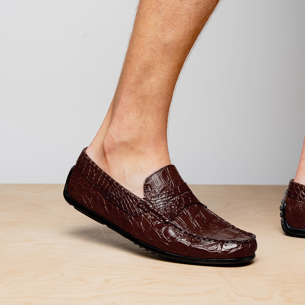 Zelli Monza Genuine Caiman Crocodile Driving Loafers in Nicotine