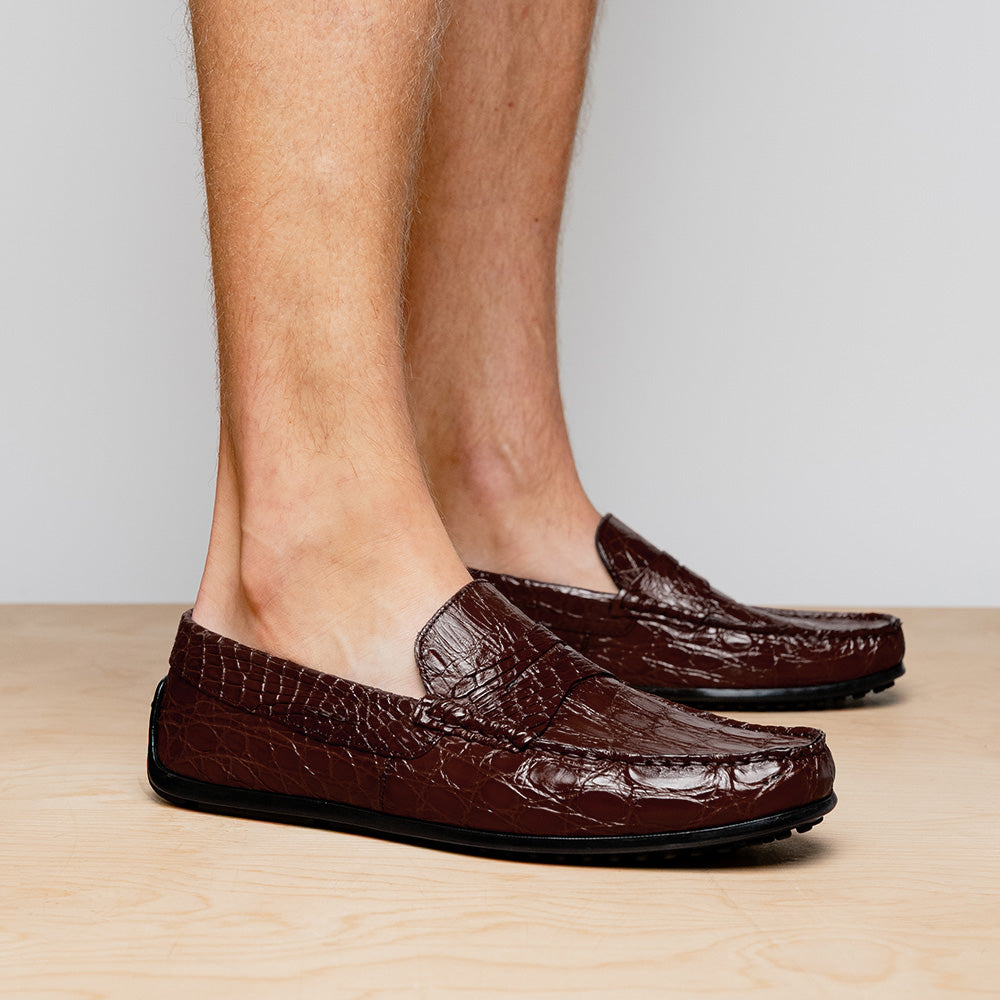Zelli Monza Genuine Caiman Crocodile Driving Loafers in Nicotine