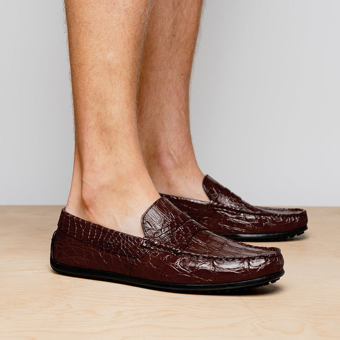 Zelli Monza Genuine Caiman Crocodile Driving Loafers in Nicotine