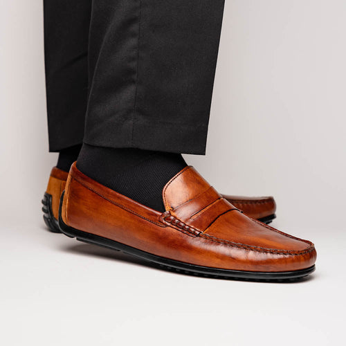 Zelli Monza Hand Burnished Calfskin Driving Loafers in Cognac