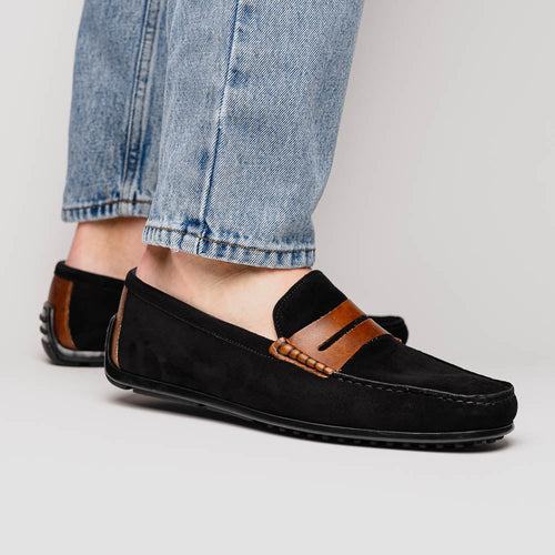 Zelli Monza Suede & Calfskin Driving Loafers in Black / Chestnut