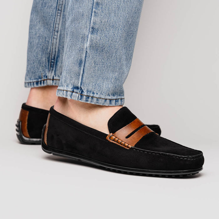 Zelli Monza Suede & Calfskin Driving Loafers in Black / Chestnut