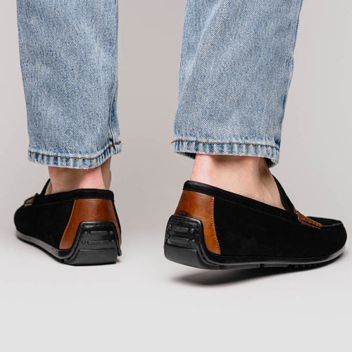 Zelli Monza Suede & Calfskin Driving Loafers in Black / Chestnut