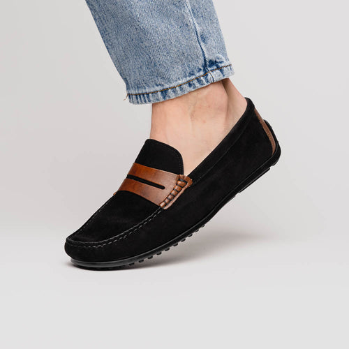 Zelli Monza Suede & Calfskin Driving Loafers in Black / Chestnut