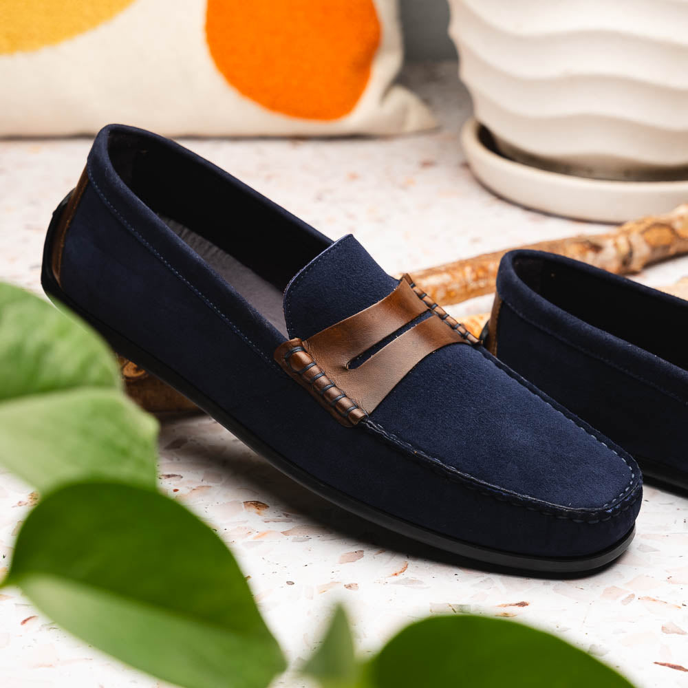 Zelli Monza Suede and Hand-Burnished Calfskin Driving Loafers in Navy