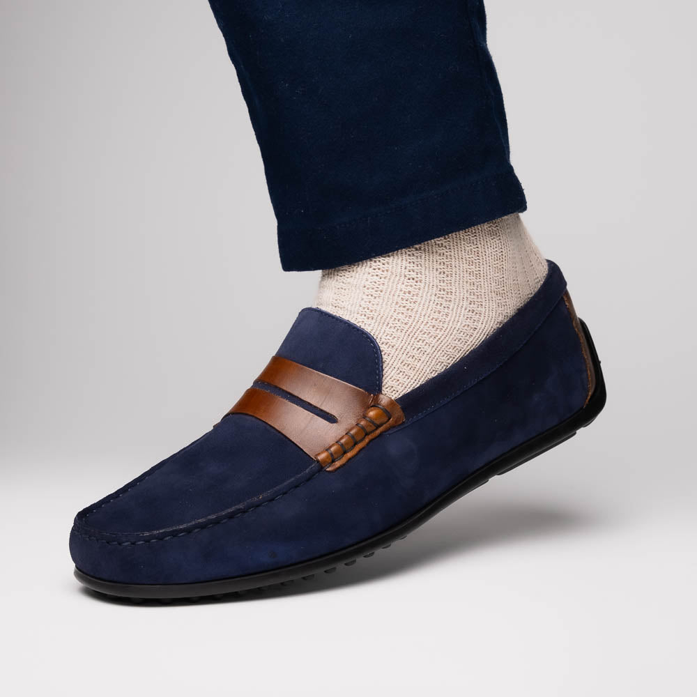 Zelli Monza Suede and Hand-Burnished Calfskin Driving Loafers in Navy