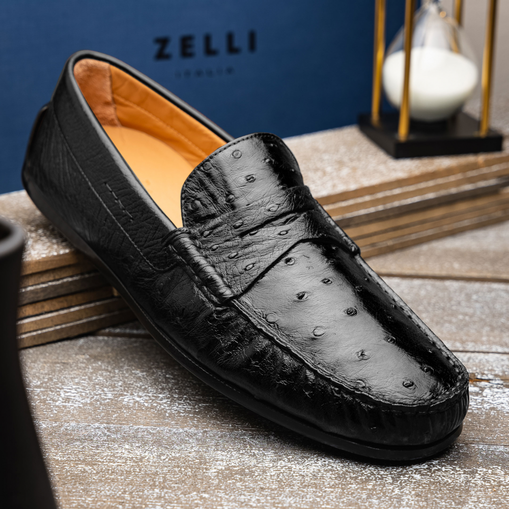 Zelli Monza Ostrich Quill Driving Loafers in Black