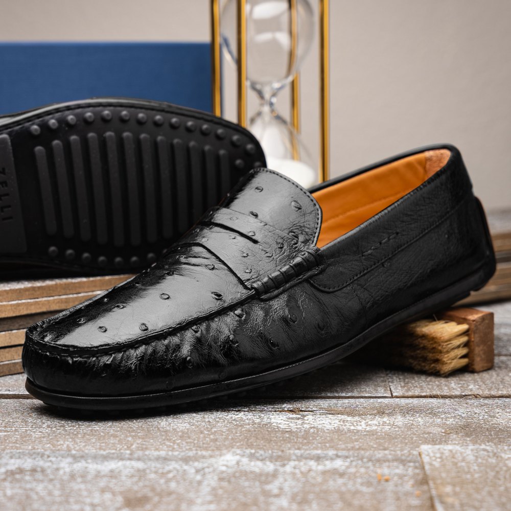Zelli Monza Ostrich Quill Driving Loafers in Black