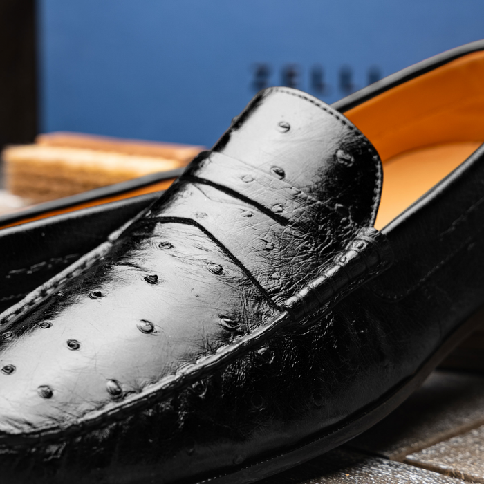 Zelli Monza Ostrich Quill Driving Loafers in Black