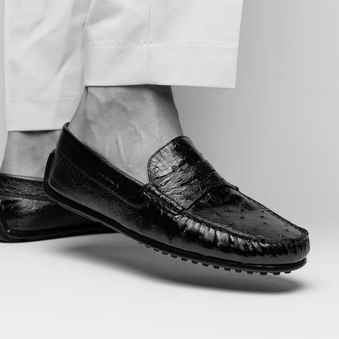 Zelli Monza Ostrich Quill Driving Loafers in Black