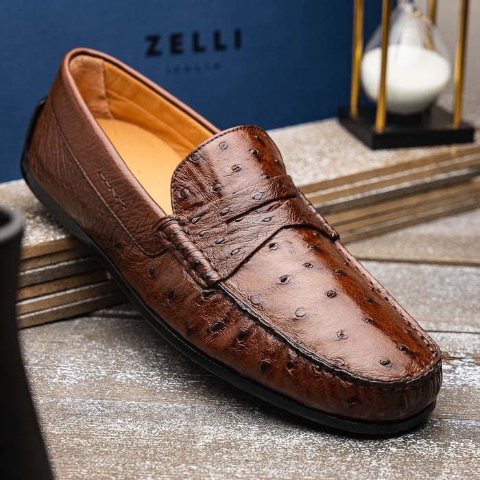 Zelli Monza Genuine Ostrich Quill Driving Loafers in Brown