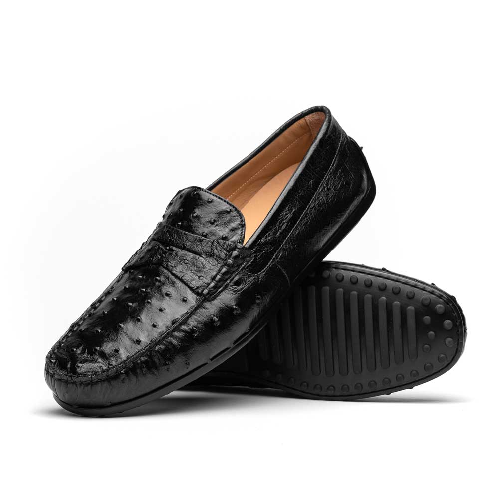 Zelli Monza Ostrich Quill Driving Loafers in Black