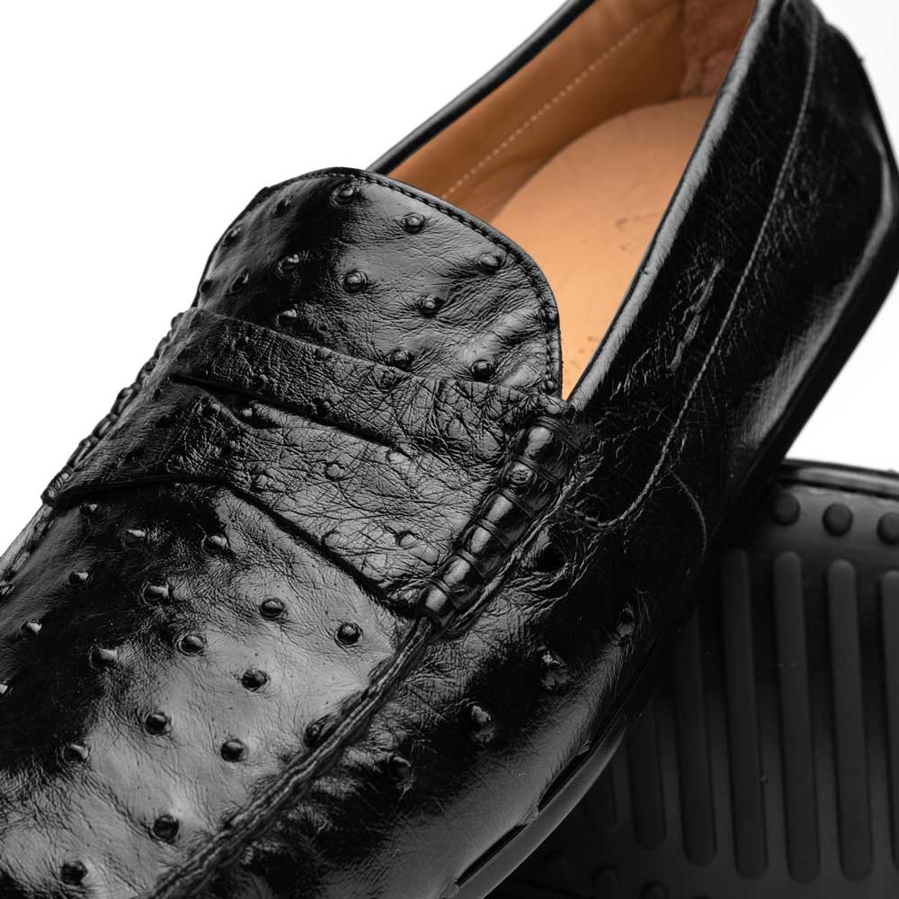 Zelli Monza Ostrich Quill Driving Loafers in Black