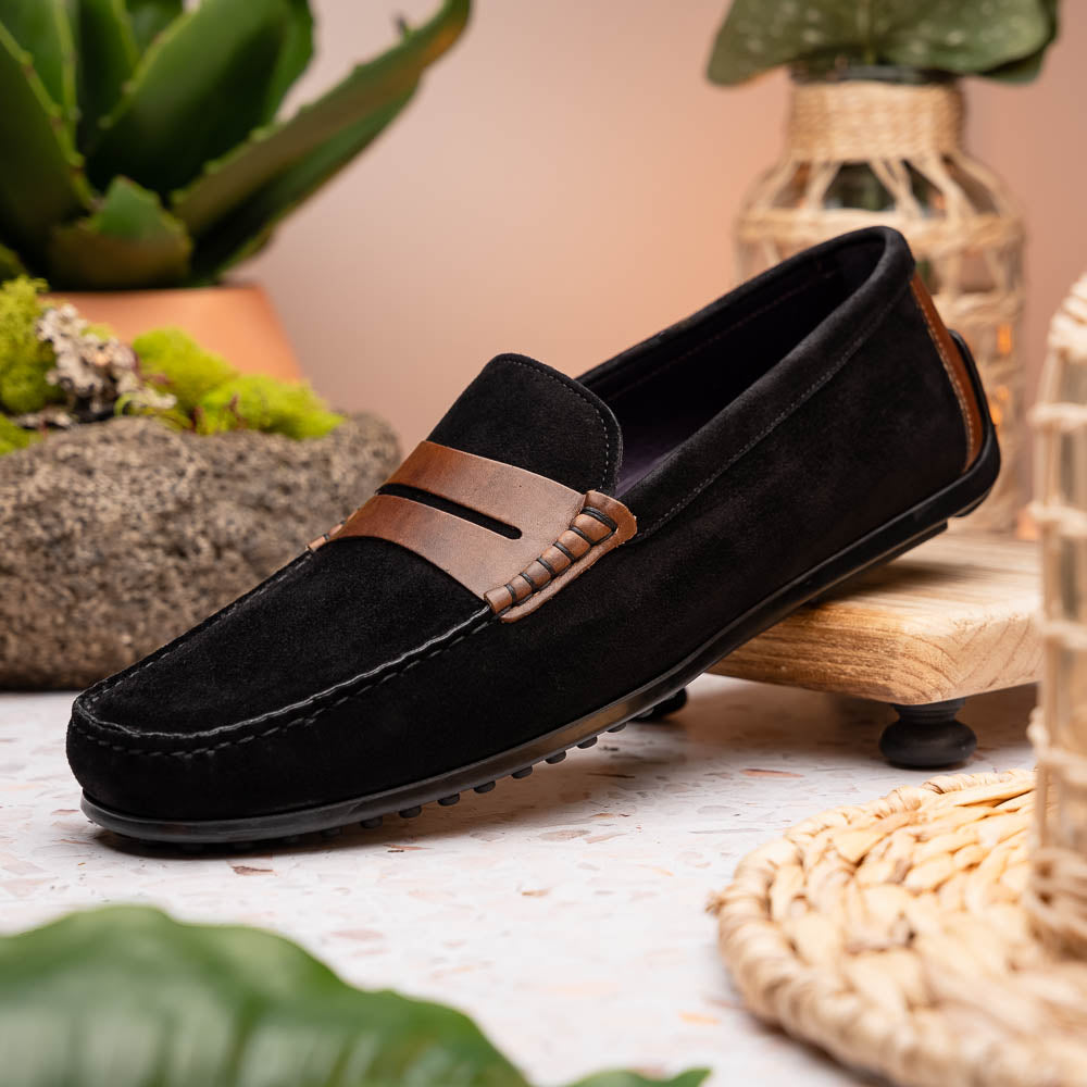 Zelli Monza Suede & Calfskin Driving Loafers in Black / Chestnut
