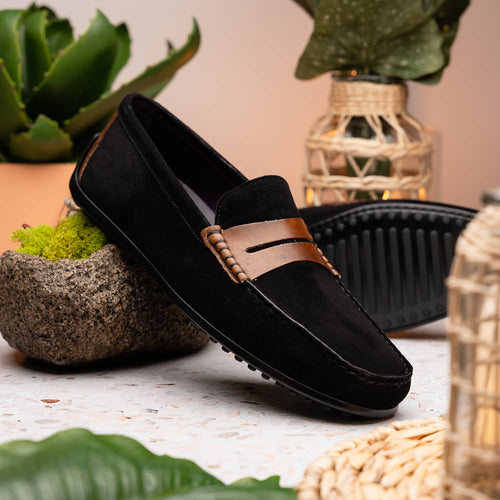 Zelli Monza Suede & Calfskin Driving Loafers in Black / Chestnut