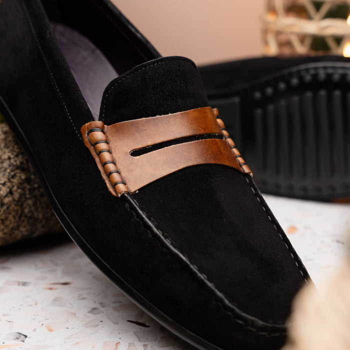 Zelli Monza Suede & Calfskin Driving Loafers in Black / Chestnut