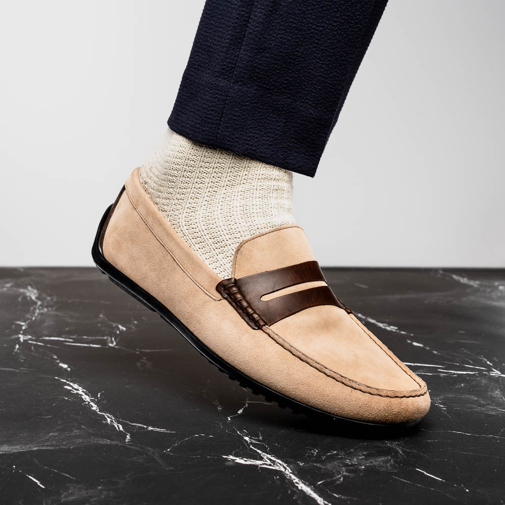 Zelli Monza Suede & Calfskin Driving Loafers in Bone / Chestnut