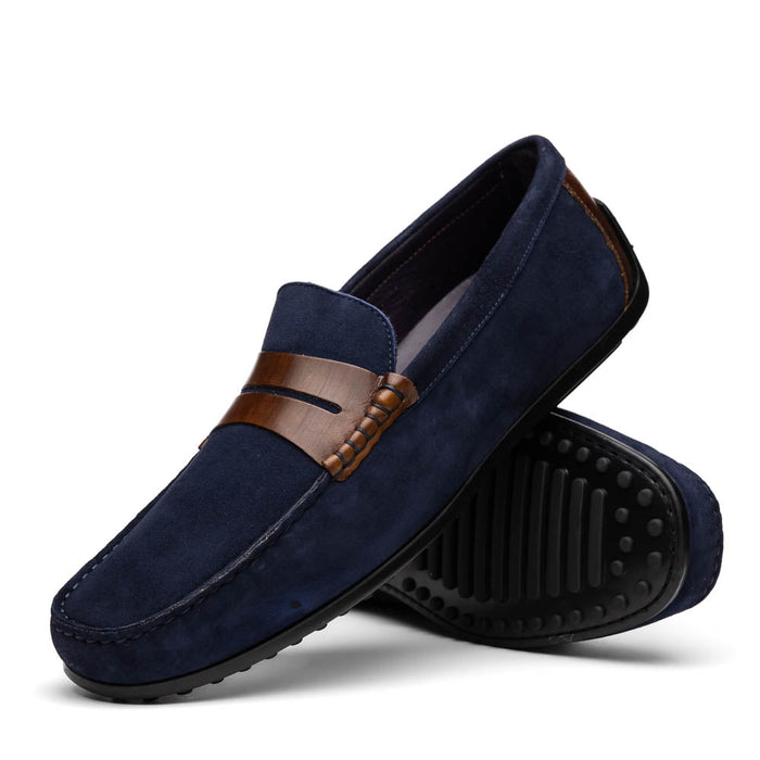 Zelli Monza Suede and Hand-Burnished Calfskin Driving Loafers in Navy