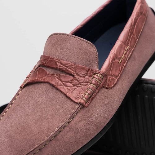 Zelli Monza Suede and Caiman Crocodile Driving Shoes in Candy