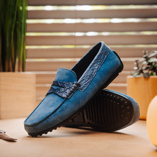 Zelli Monza Suede & Caiman Crocodile Driving Shoes in Denim