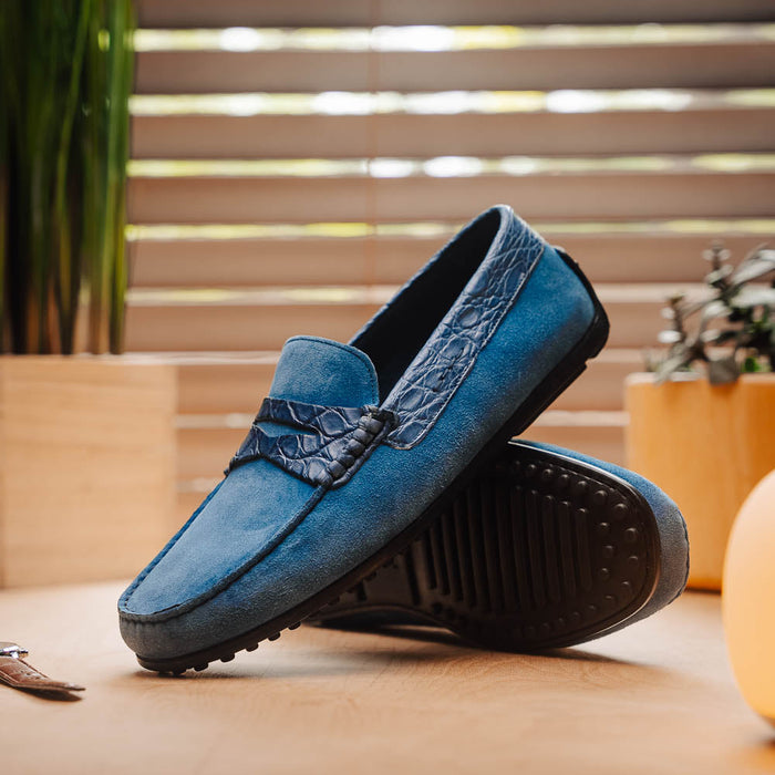 Zelli Monza Suede & Caiman Crocodile Driving Shoes in Denim