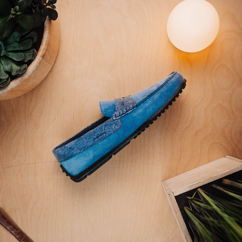 Zelli Monza Suede & Caiman Crocodile Driving Shoes in Denim