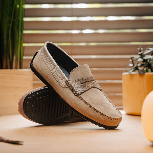 Zelli Monza Suede and Genuine Crocodile Driving Loafers in Sand