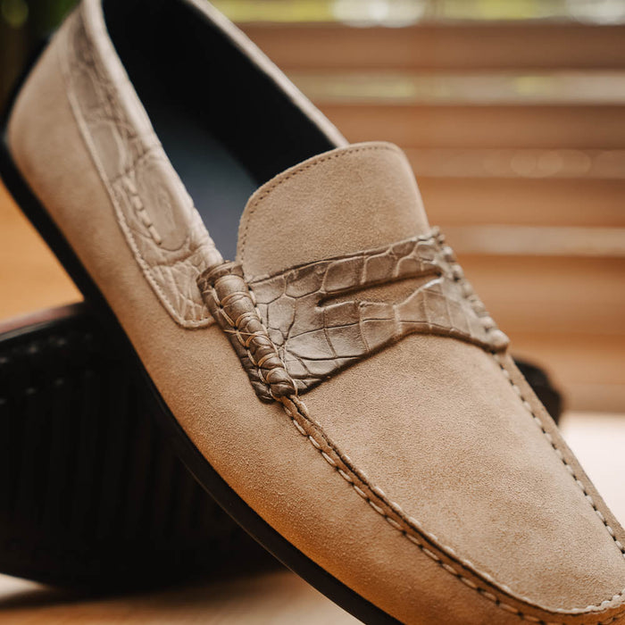 Zelli Monza Suede and Genuine Crocodile Driving Loafers in Sand